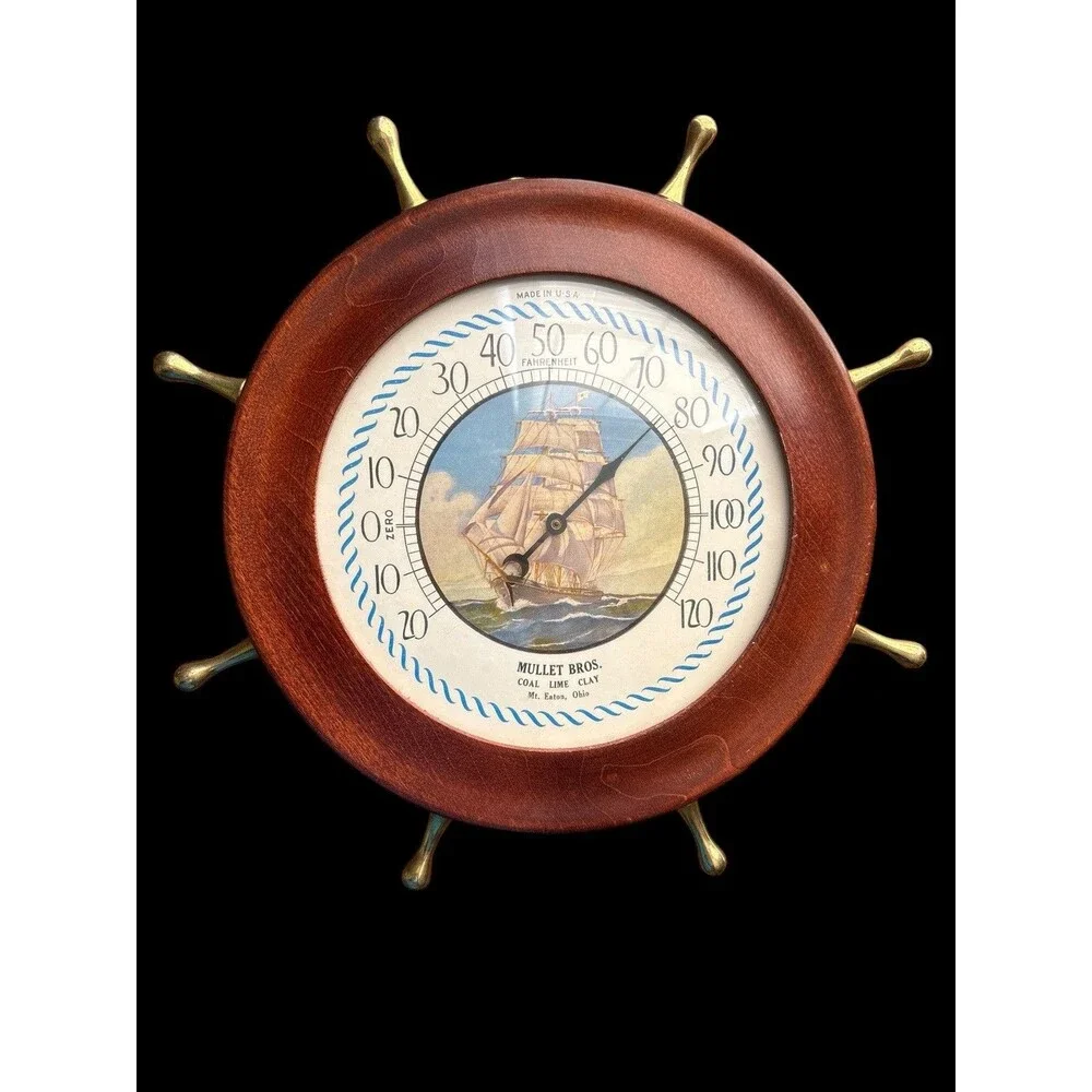Vintage 10 Inch Ship Wheel Wall Thermometer Millet Bros Coal Lime Clay Mt Eaton - Picture 1 of 7